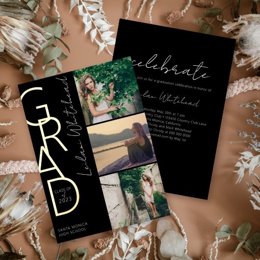 Modern Photo Afstudeerder Black Folie Uitnodiging