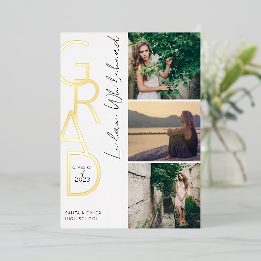 Modern Photo Afstudeerder White Folie Uitnodiging (Staand Voorkant)