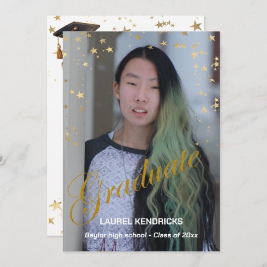 Modern Photo Afstuderen Gold Stars Party Kaart (Voorkant / Achterkant)