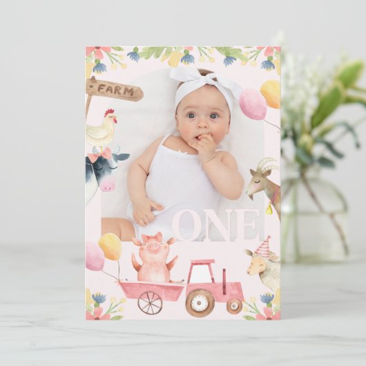 Modern Photo Arch Roze Tractor Boerderij 1e Verjaa Kaart (Staand voorkant)