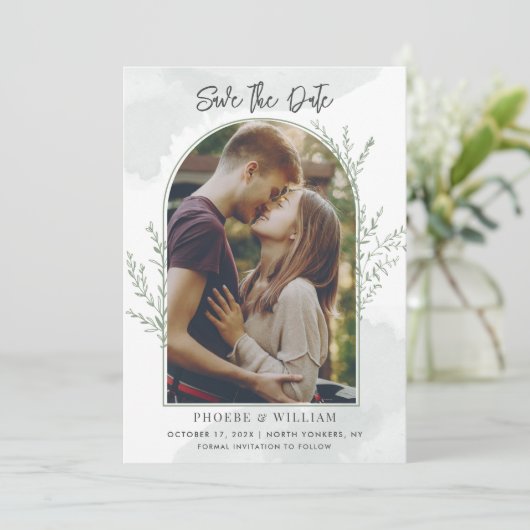 Modern Photo Arch Script Bruiloft Save The Date (Staand voorkant)
