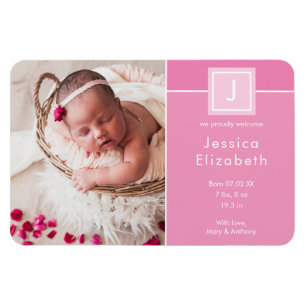 Modern Photo Baby Monogram Girl Birth Announcement Magneet
