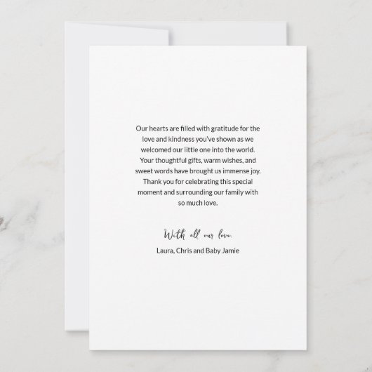 Modern Photo Baby with Newborn Birth stats Message Bedankkaart (Achterkant)