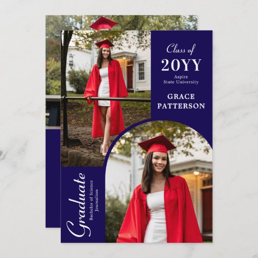 Modern Photo Blue White Afstuderen Aankondiging (Voorkant / Achterkant)