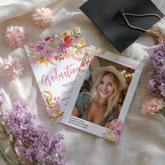 Modern photo Boho Pink Lavender floral graduation Aankondiging