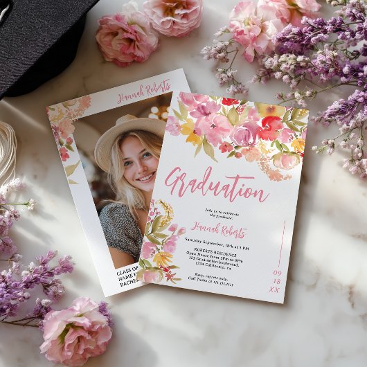 Modern photo Boho Pink Lavender floral graduation Kaart