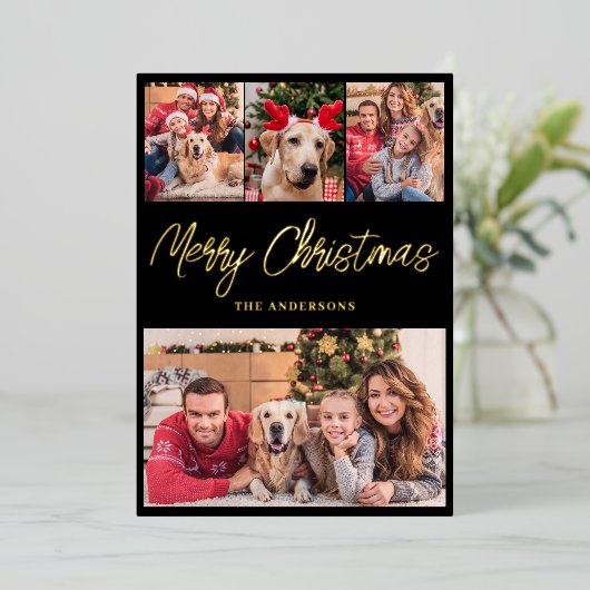 Modern Photo Collage Christmas Gold Folie Feestdagenkaart (Staand Voorkant)
