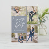 Modern Photo Collage Dusty Blue Save The Date (Staand voorkant)