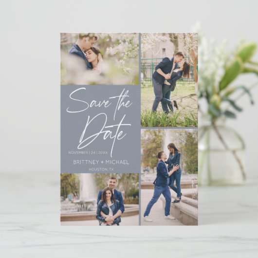 Modern Photo Collage Dusty Blue Save The Date (Staand voorkant)