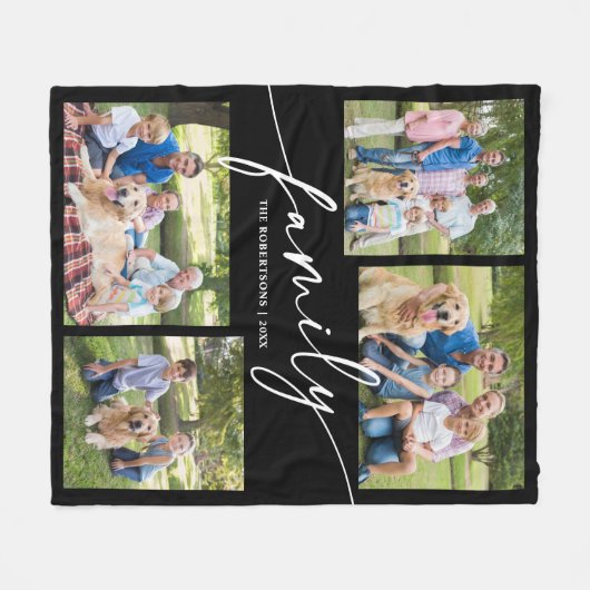 Modern Photo Collage Family Script Keepsake Fleece Deken (Voorkant (Horizontaal))