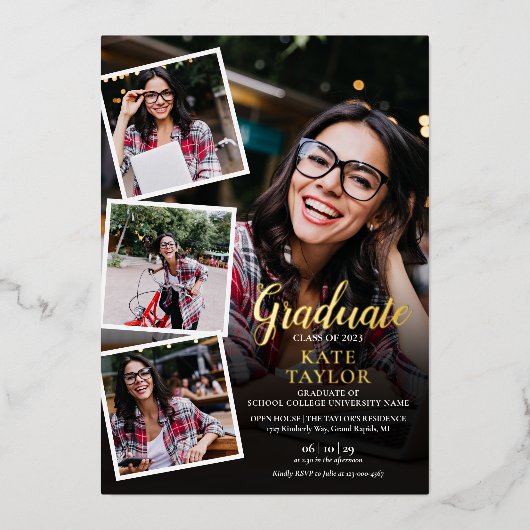 Modern Photo Collage Graduation Party Gold Folie Uitnodiging (Voorkant)
