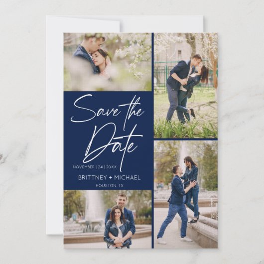 Modern Photo Collage Navy Blue Save The Date (Voorkant)