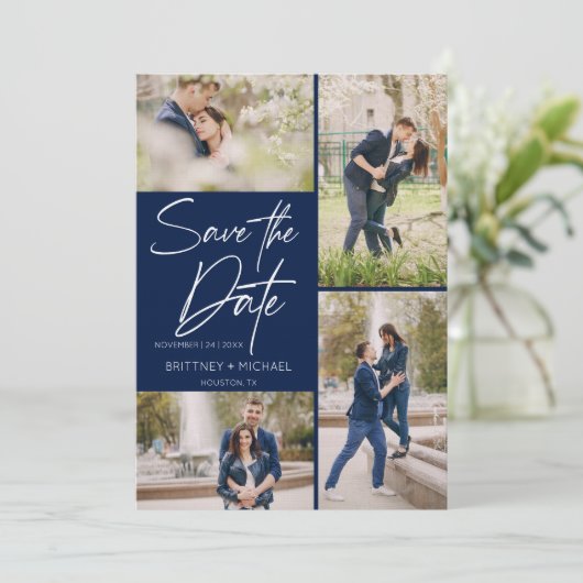 Modern Photo Collage Navy Blue Save The Date (Staand voorkant)