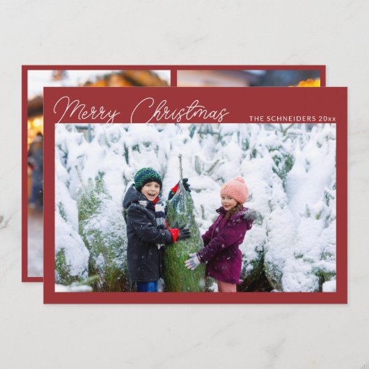 Modern Photo Collage Red Script Merry Christmas Feestdagenkaart (Voorkant / Achterkant)
