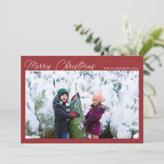 Modern Photo Collage Red Script Merry Christmas Feestdagenkaart (Staand voorkant)