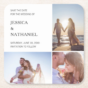 Modern Photo Collage Wedding Save the Date Kartonnen Onderzetters