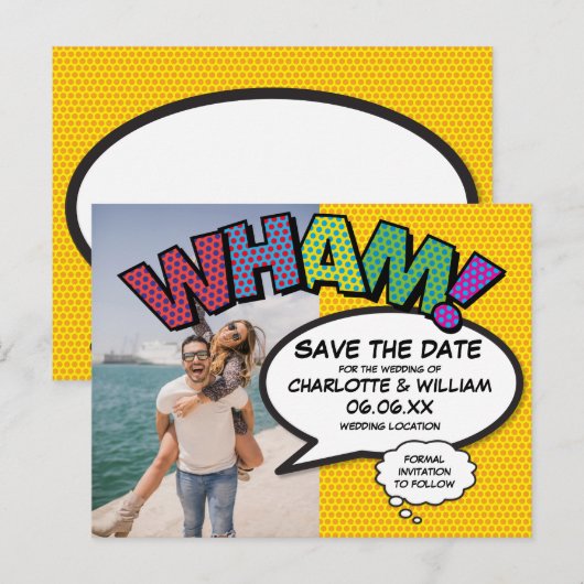 Modern Photo Comic Book Bewaar de datum Aankondigingskaart (Voorkant / Achterkant)