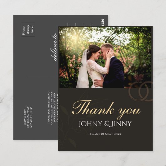 Modern photo customizable black wedding briefkaart (Voorkant / Achterkant)