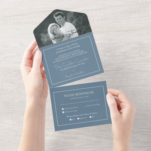 Modern Photo Dusty Blue Wedding RSVP All In One Uitnodiging (Afscheurbaar)