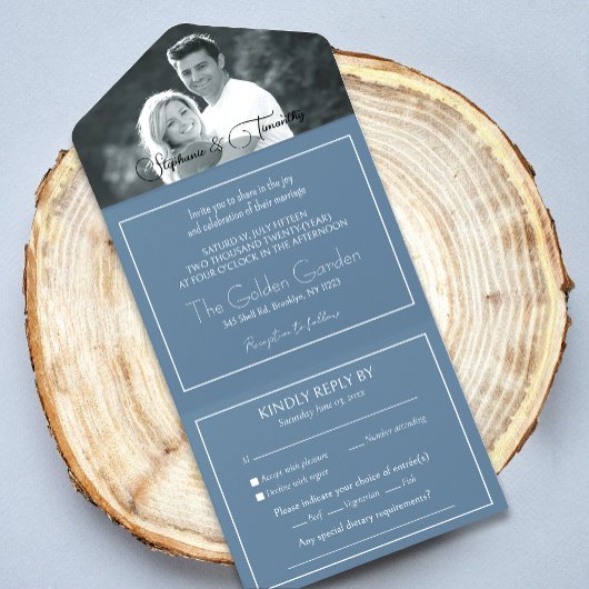 Modern Photo Dusty Blue Wedding RSVP All In One Uitnodiging