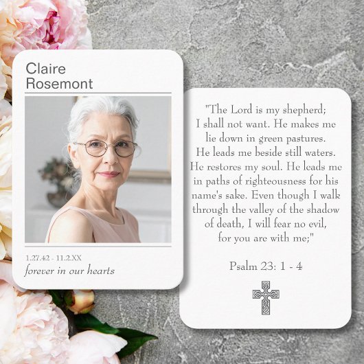 Modern Photo Funeral Cross Psalm 23 Prayer Card Visitekaartje