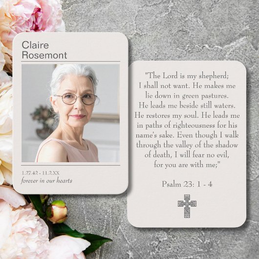 Modern Photo Funeral Cross Psalm 23 Prayer Card Visitekaartje