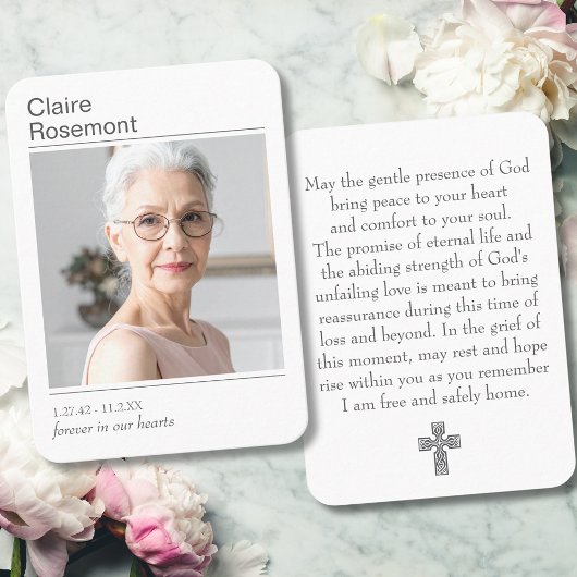 Modern Photo Funeral Prayer Card With Cross Visitekaartje