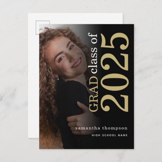 Modern Photo Gold Black 2023 Afstuderen Aankondigingskaart (Voorkant / Achterkant)