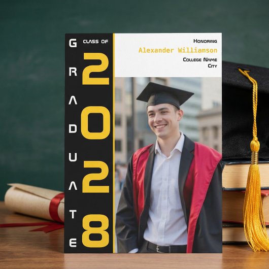 Modern Photo Gold Black Graduation Announcement Kaart