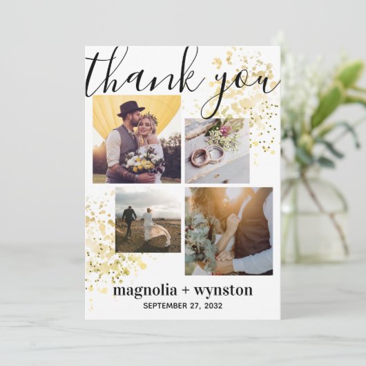 Modern Photo Gold Foil Wedding Bedankkaart (Staand voorkant)