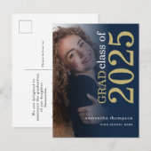 Modern Photo Gold Navy 2025 Afstuderen Aankondigingskaart (Voorkant / Achterkant)