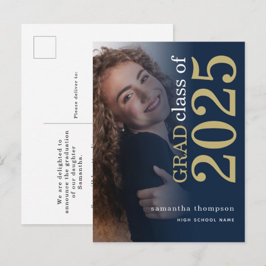 Modern Photo Gold Navy 2025 Afstuderen Aankondigingskaart (Voorkant / Achterkant)