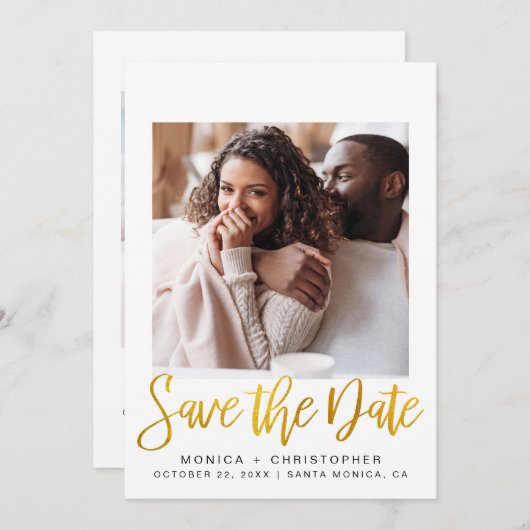 Modern Photo Gold Script Save The Date (Voorkant / Achterkant)