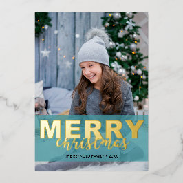 Modern Photo Gold Turquoise Mint Script-Kerstmis Folie Feestdagenkaart
