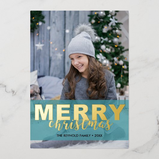 Modern Photo Gold Turquoise Mint Script-Kerstmis Folie Feestdagenkaart (Voorkant)