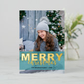 Modern Photo Gold Turquoise Mint Script-Kerstmis Folie Feestdagenkaart (Staand Voorkant)