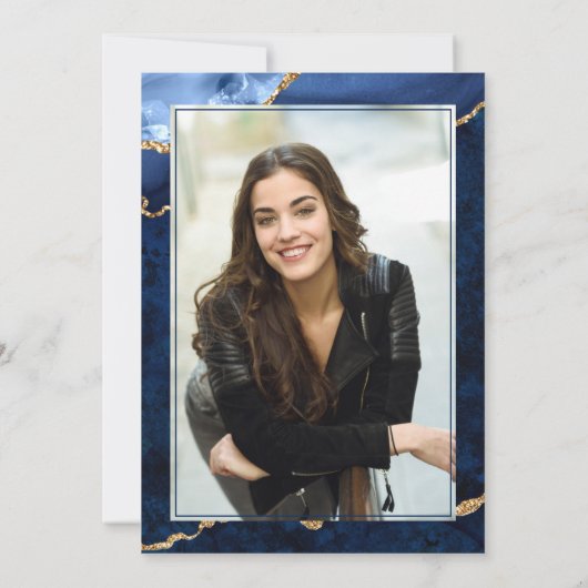 Modern PHOTO Golden Blue Marble Graduation Party  Kaart (Achterkant)