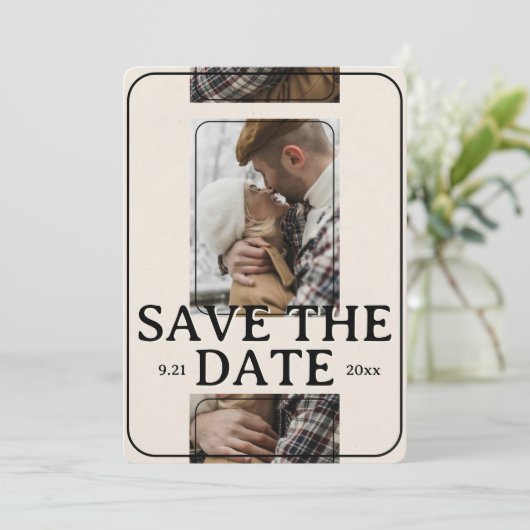 Modern Photo Grid with Bold Serif Save the Date Kaart (Staand voorkant)