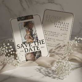 Modern Photo Grid with Bold Serif Save the Date Kaart