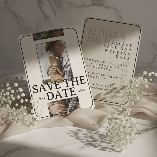 Modern Photo Grid with Bold Serif Save the Date Kaart