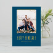 Modern Photo Lijst Blue Happy Hanukkah Folie Feestdagenkaart (Staand Voorkant)