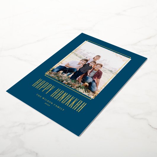 Modern Photo Lijst Blue Happy Hanukkah Folie Feestdagenkaart (Gedraaid)