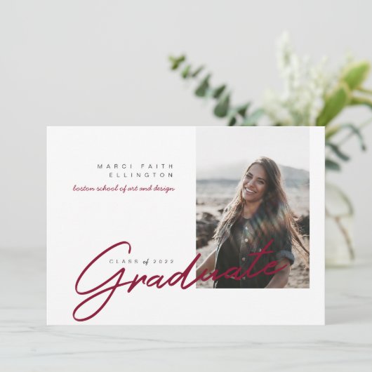Modern Photo Maroon Afstuderen Aankondiging (Staand voorkant)