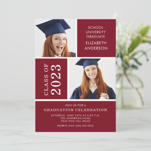 Modern Photo Maroon Afstuderen Invitation Kaart (Staand voorkant)