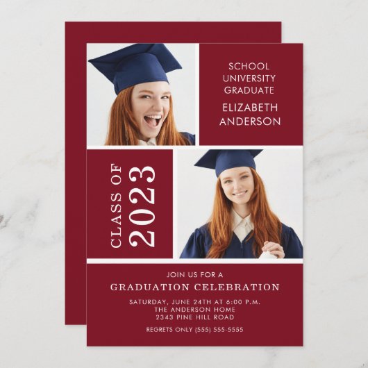 Modern Photo Maroon Afstuderen Invitation Kaart (Voorkant / Achterkant)