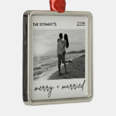 Modern Photo Merry & Married Elegant Minialmist Metalen Ornament (Rechts)