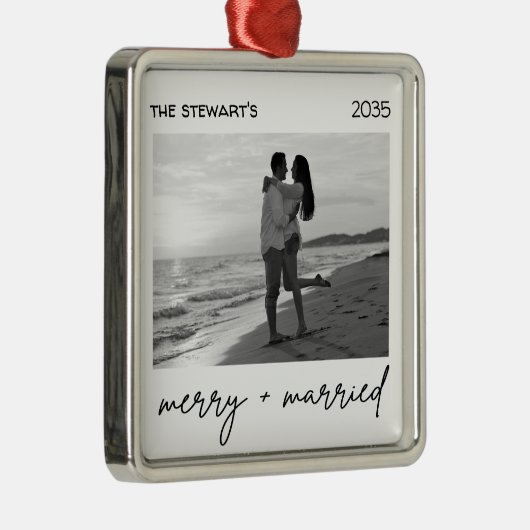 Modern Photo Merry & Married Elegant Minialmist Metalen Ornament (Rechts)