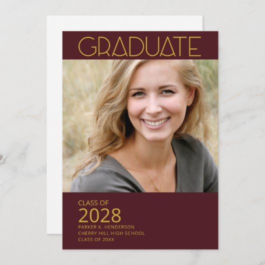 Modern Photo Morron and Gold Graduation Party Kaart (Voorkant / Achterkant)