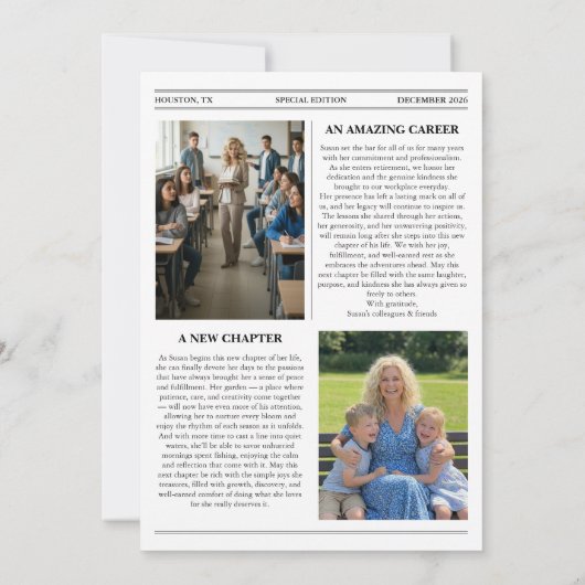 Modern Photo Newspaper Retirement Card (Achterkant)