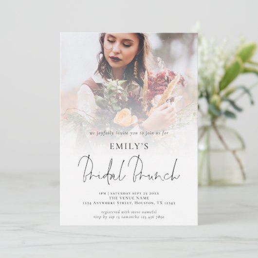 Modern Photo Overlay Script Bridal Brunch Kaart (Staand voorkant)